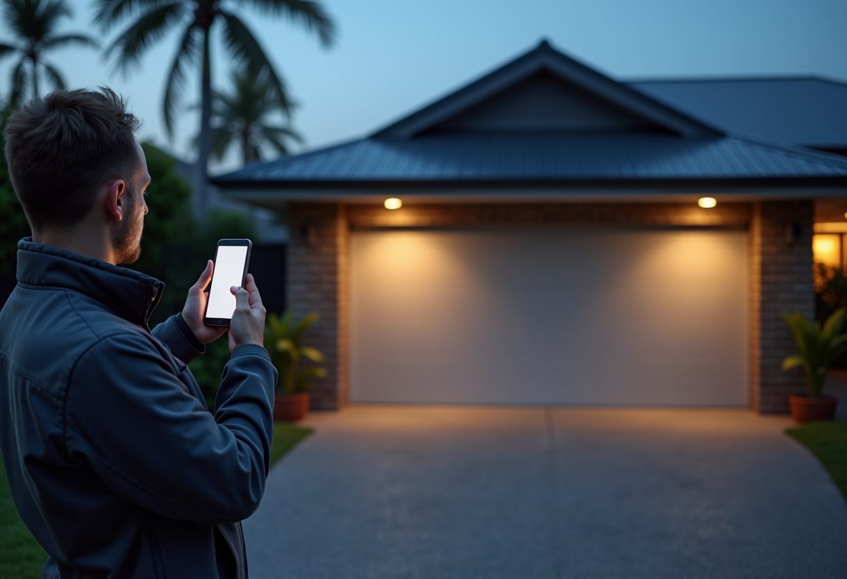 Smart garage door opener installation at dusk — Greenslopes